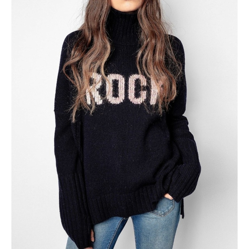 Zadig & Voltaire Navy Turtleneck Sweater with Pink 'ROCK'